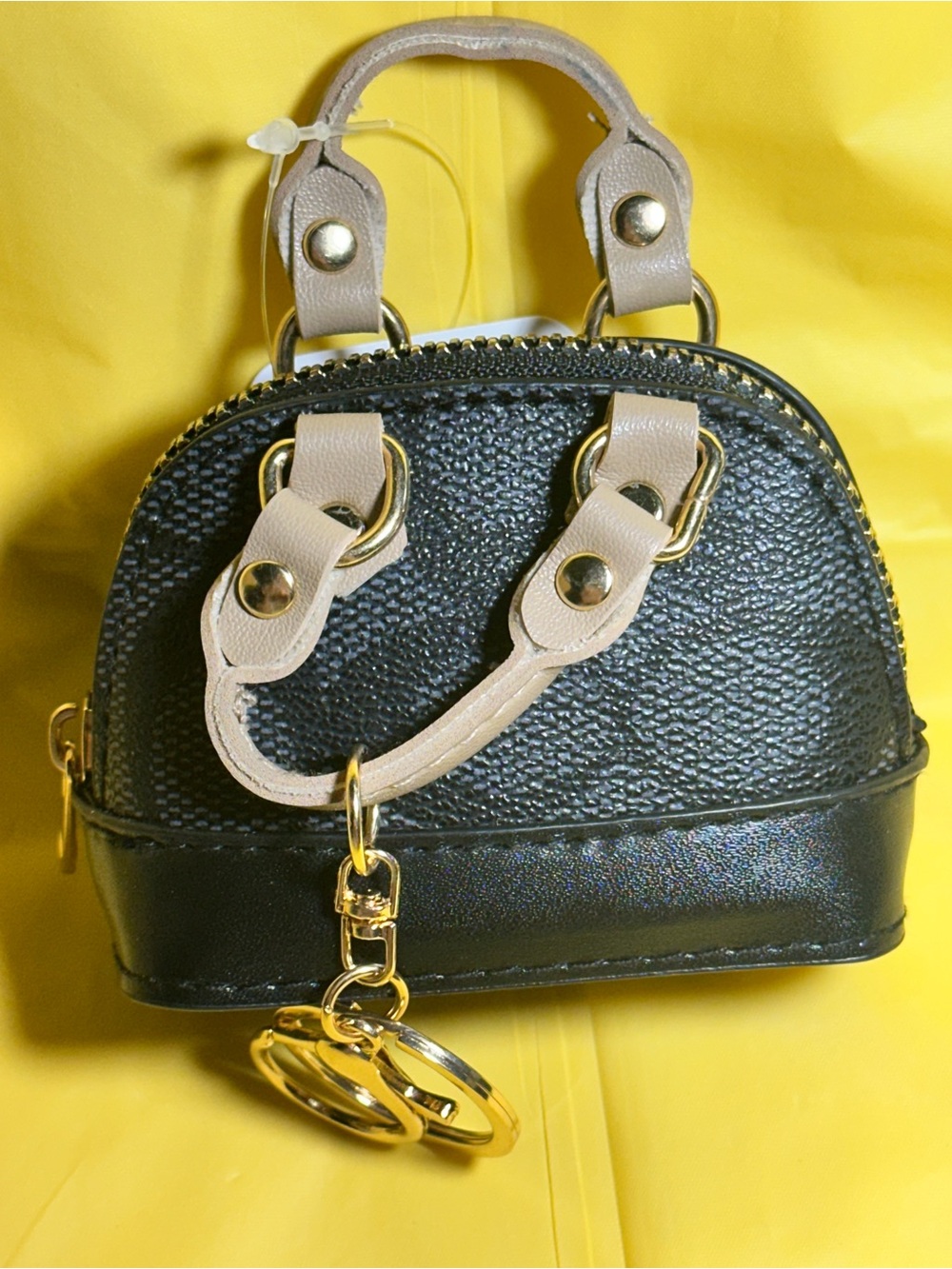 Stylish Black Mini Satchel with Beige Handles